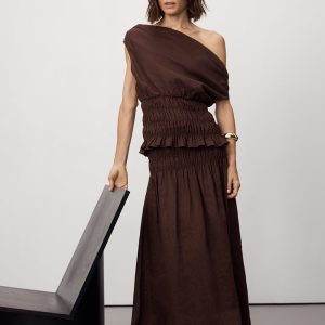 COCOA LINEN SHIRRED MIDI SKIRT